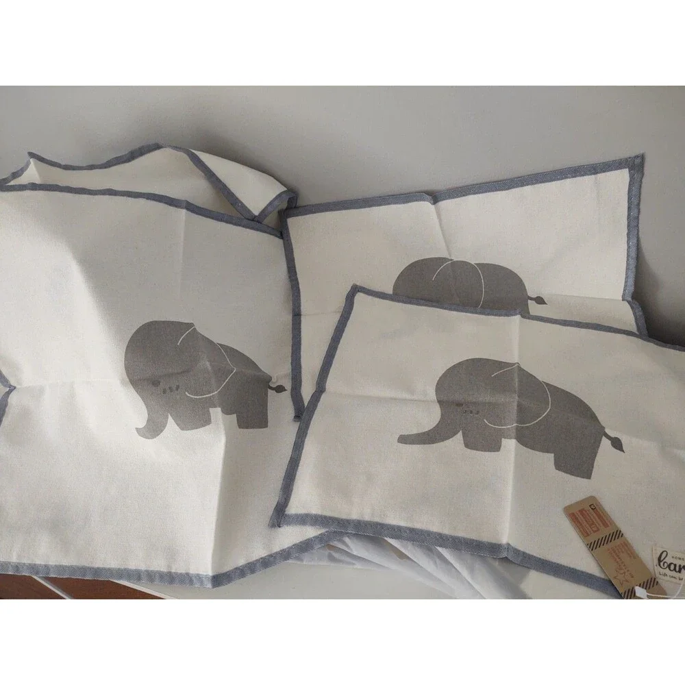 New Caroeas 4 Placemats & 4 Napkins Cream & Grey Linen Elephant Set Lot